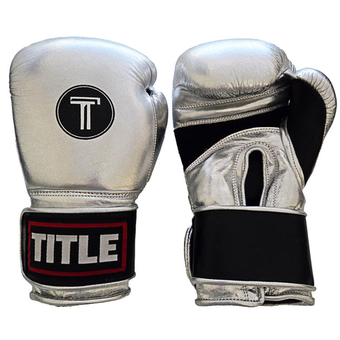 Title Leather Sparring Gloves: Gloss Silver with Black Trim
